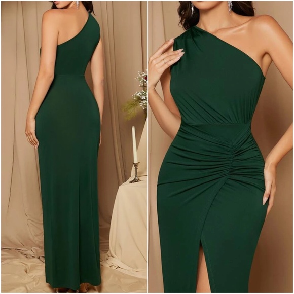 Luxe One Shoulder Ruched Split Hem Fitted Party Evening Dress - Picture 4 of 5